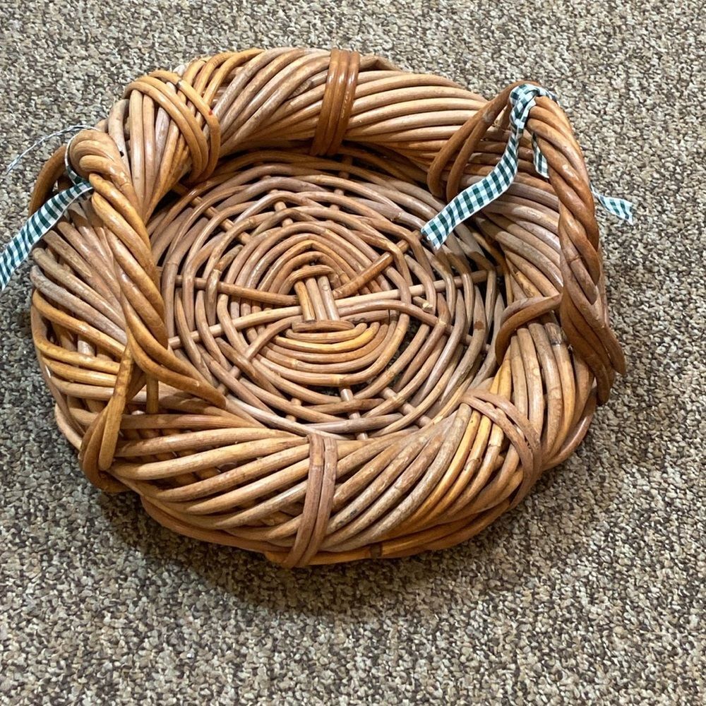 VTG, Mid-Century Japanese Rattan Natural Woven Basket 2 Handles Round Tray MCM